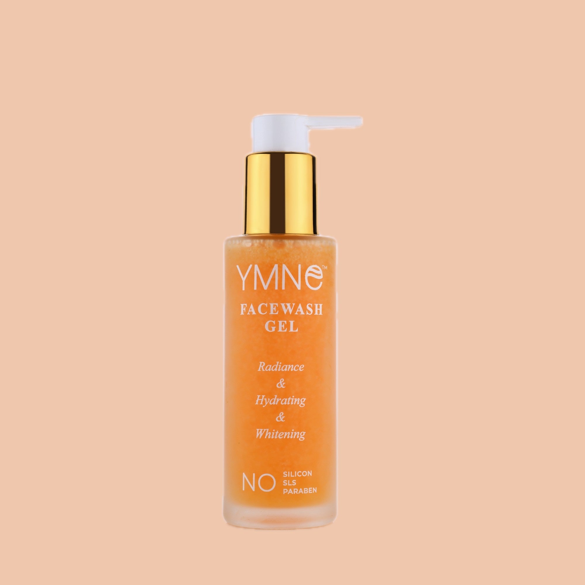 YMNE Orange Facewash Gel in a frosted pump bottle