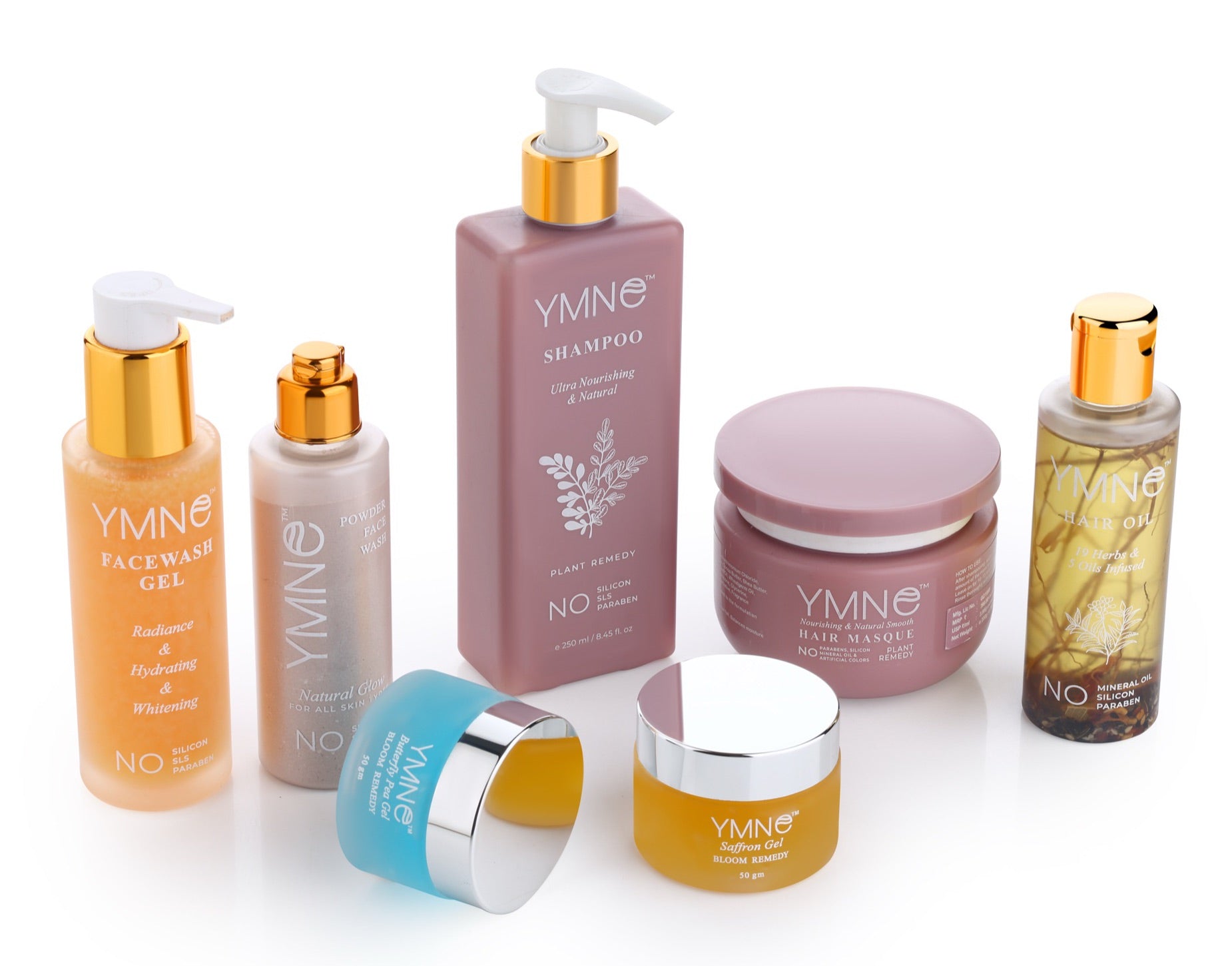 The YMNE range: Facewash Gel, Shampoo, Hair Oil, Powder Face Wash, Saffron Gel and Butterfly Pea Gel