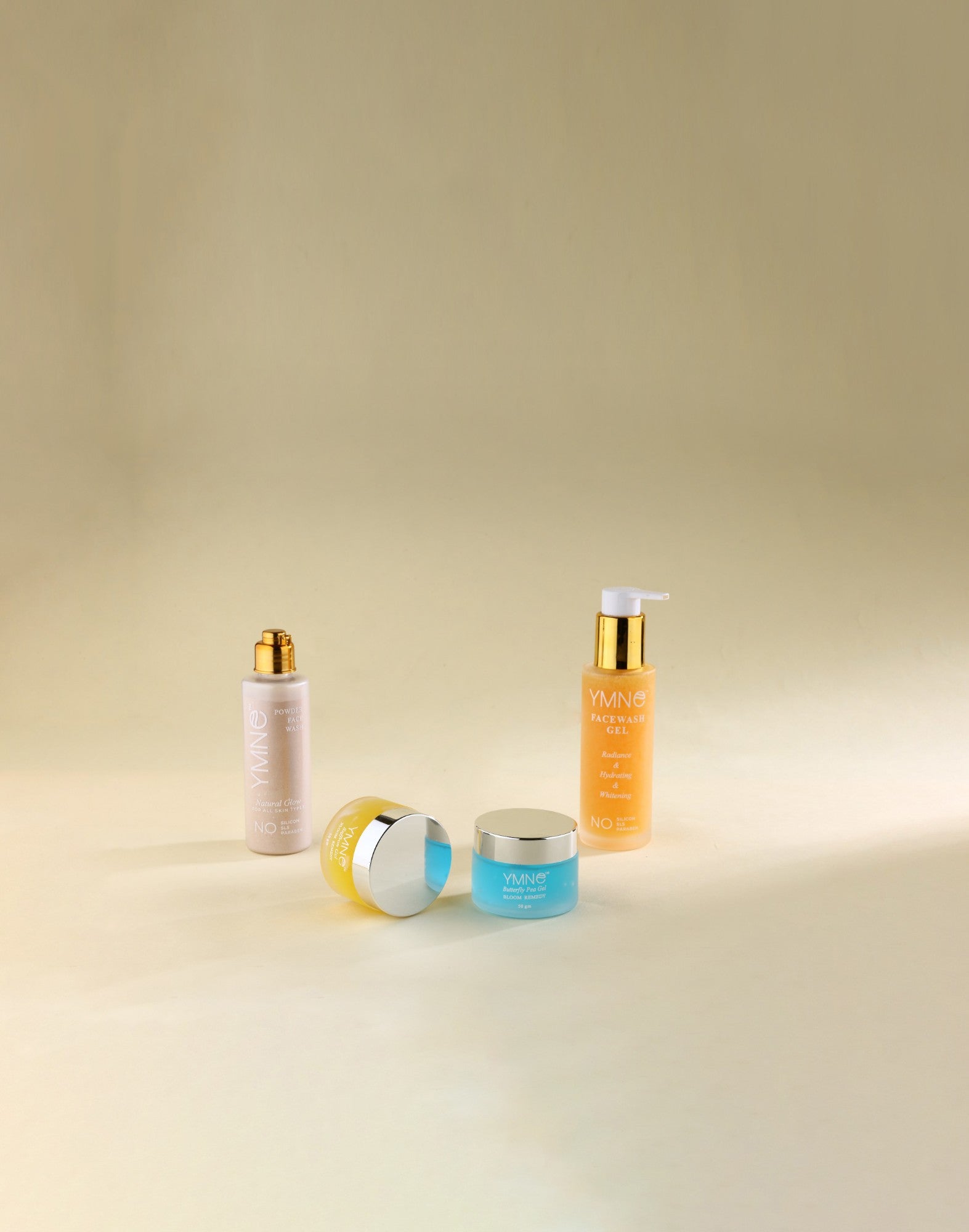 YMNE skin care range: Facewash Gel, Powder Face Wash, Saffron Gel and Butterfly Pea Gel