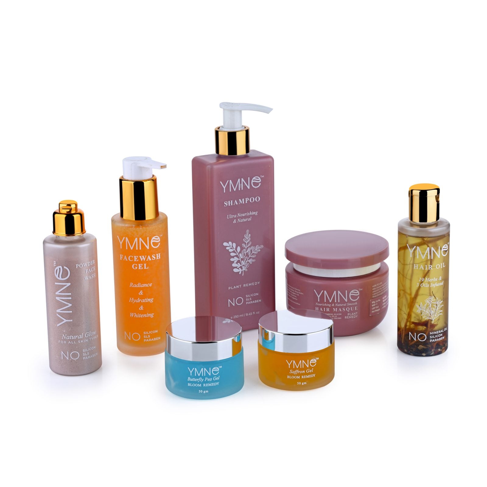 The YMNE range: Facewash Gel, Shampoo, Hair Oil, Powder Face Wash, Saffron Gel and Butterfly Pea Gel